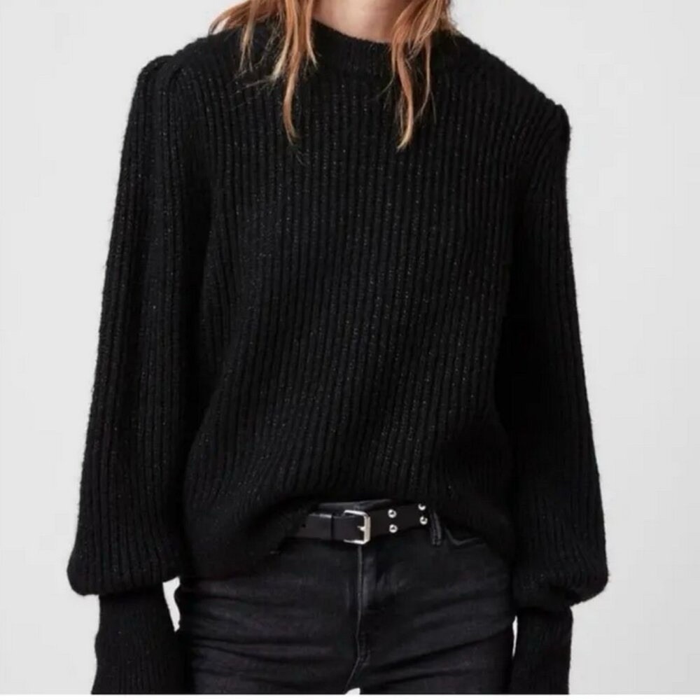 AllSaints‎ Myra Shine Wool Blend Women's Sweater Puff Shoulders in Black Size S